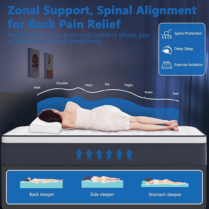 COOLMI King Size Mattress, 12 Inch Hybrid Memory Foam Mattress in a Box, Pressure Relief for Back Support, Medium Firm, Individually Pocket Springs, 100-Night Trial & CertiPUR-US Certified,Grey King