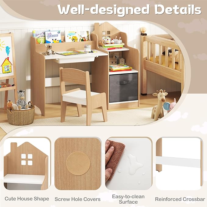 Costzon Kids Desk and Chair Set, Wooden Children Multi-Activity Table with Hutch, Bookshelf, Drawer & Fabric Storage Bin, Kids Table and Chair Set for Drawing, Writing, Crafts