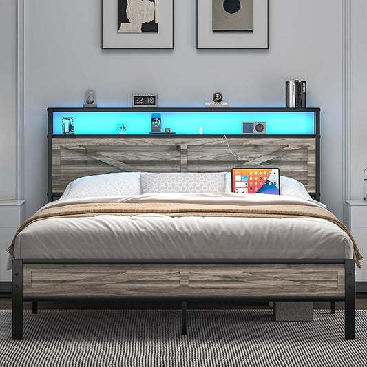 Full Size Bed Frame with LED Lights and Charging Station, Metal Platform Bed Frame Full with Storage and Rustic Barn Door Headboard, Noise Free, No Box Spring Needed, Easy Assembly, Wash Grey