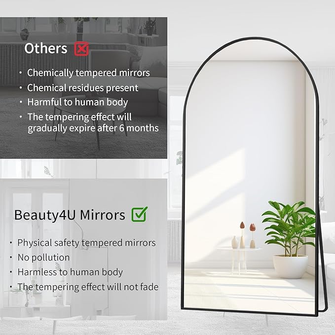 Beauty4U 76" x 34" Large Arched Full Length Mirror with Stand, Black Wall Mounting Full Body Tempered Mirror, Metal Frame Full-Length Mirror for Living Room, Bedroom