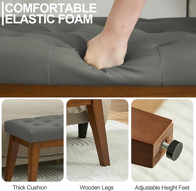 43.5'' Faux Leather Bedroom Bench, Upholstered End of Bed Bench with Tufted Button, Padded Vintage Dining Bench, Entryway Bench with Solid Wood Legs, Kitchen, Living Room, Hallway, Dark Grey Tufted