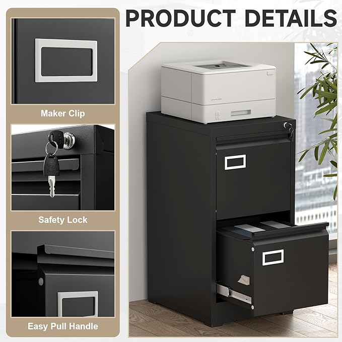 2 Drawer File Cabinet with Lock, Black Metal File Cabinets for Home Office, Under Desk Small Filing Cabinet, Vertical File Cabinet for A4/F4/Letter/Legal