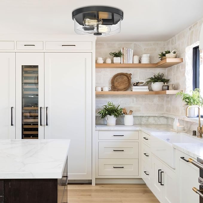 Flush Mount Ceiling Light with Clear Glass Shade, 2-Light Indoor Outdoor Farmhouse Lighting Flush Mount Lights for Kitchen Bedroom Porch Living Dining Room(Black)