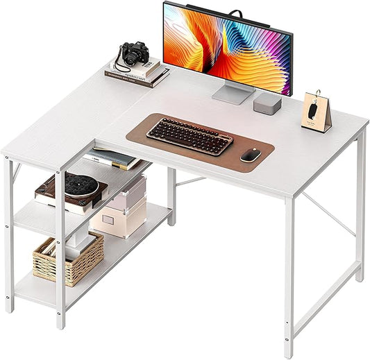 Huuger L Shaped Desk, 39 Inches Computer Desk with Reversible Storage Shelves, for Gaming Corner Home Office Writing Study, Metal Frame, White