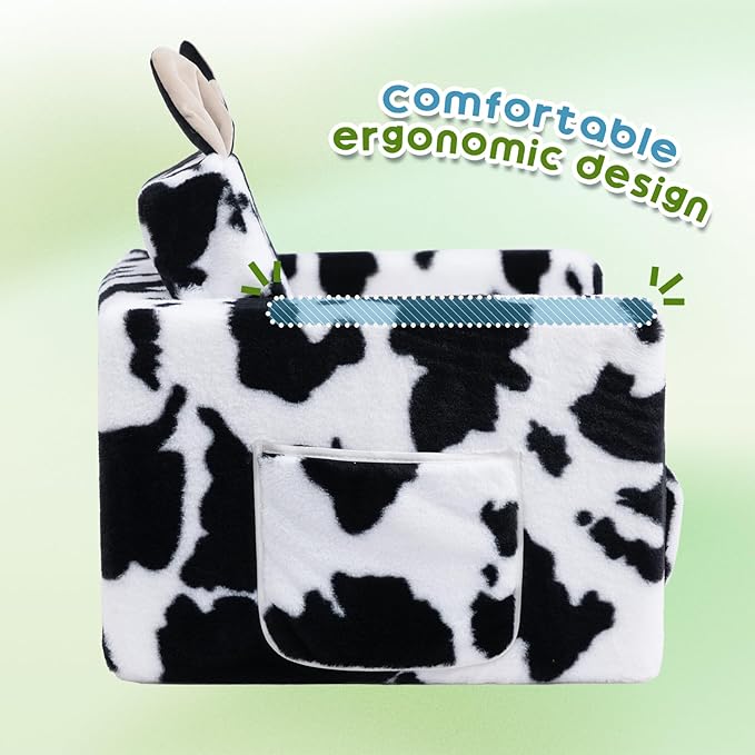 ALIMORDEN Fold Out Toddler Couch, Comfy 2-in-1 Cuddly Sherpa Bear Chair for Kids, Convertible Sofa to Lounger, Kids Cozy Corner Play Couch for Boys and Girls, Cow