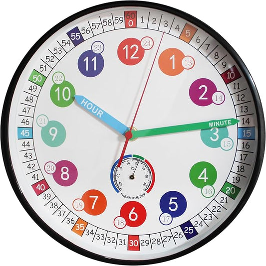 Wall Clocks,10Inch Learning Time Clock, Colorful Clock Face Silent Clocks with Simple Thermometer,Clear Digital Wall Clock (Black)