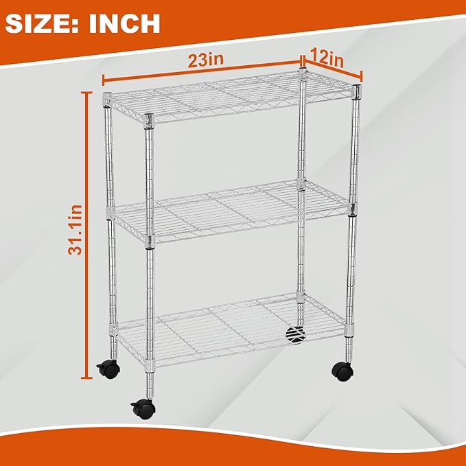 PayLessHere 3-Tier Adjustable Metal Storage Rack with Wheels Mesh Shelving Unit Heavy Duty Storage Shelving Unit,Chrome