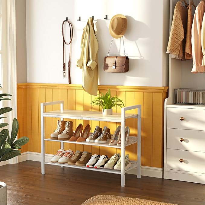 Shoe Rack for Front Door Entrance, 3 Tier Shoe Rack for Entryway, Shoe Shelf for Closet, Metal Shoe Racks Organizer with Sturdy Wooden Top & Steel Frame,(White+Beige)