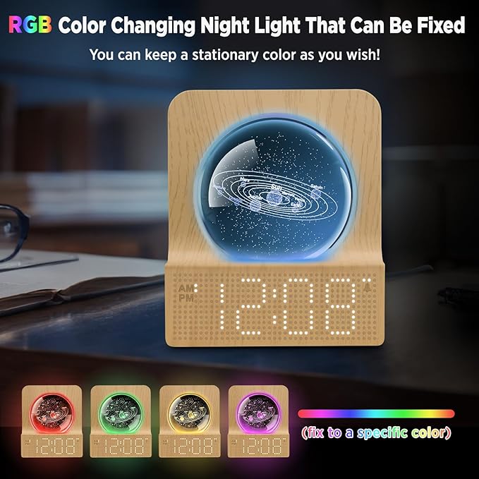 DreamSky Space Alarm Clock for Kids Teens, Small Digital Clock with RGB Night Light for Bedroom, Colorful Crystal Ball Decor for Living Room Office, Dimmer, Gifts for Boys Girls Women (Wood Grain)
