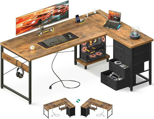 ODK 61'' L Shaped Desk with 4 Drawers, Reversible Corner Desk with Storage, Gaming Table with Power Outlets, USB Ports, Computer Desk for Home Office, Study, Easy Assembly, Vintage Brown