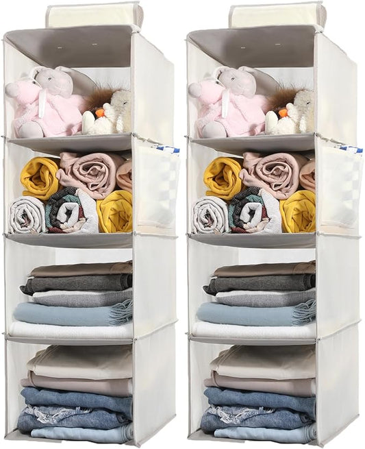 2 Packs Hanging Closet Organizer Storage, 4-Shelf Hanging Shelves for Closet, Closet Clothes Organizer and Storage with Side Pocket, Beige