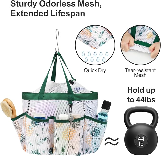 F-color Mesh Shower Caddy Portable with Drawstring - Upgrade Deeper 7 Pockets Dorm Room Essentials for Guys Girls with S Hook, Shower Bag Basket Tote for College Camping Bathroom, Green Pineapple
