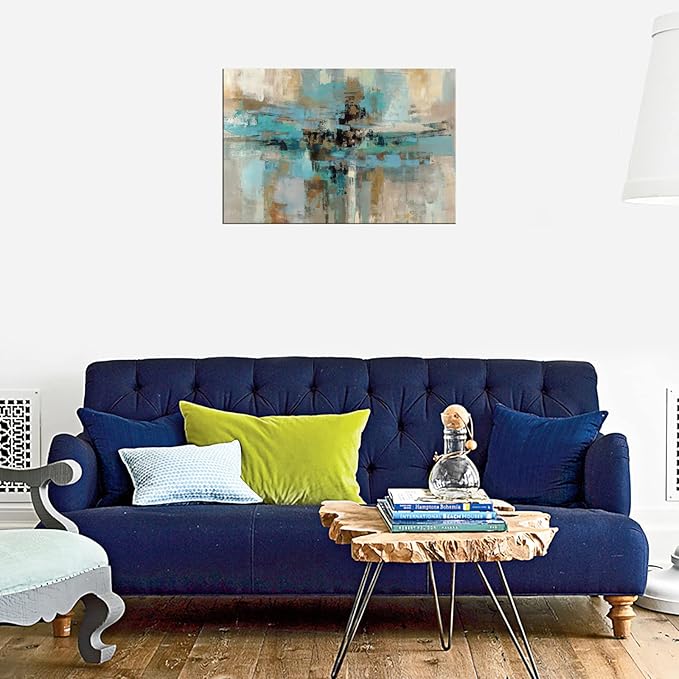 DZL Art A74769 Canvas Prints Abstract Wall Art Print Paintings Blue and Brown Stretched Canvas Wooden Framed for Living Room Bedroom and Office Home Decor Artwork