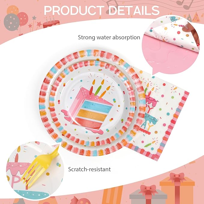 100pcs Birthday Party Plates Disposable Tableware Set Birthday Cake Pattern for 25 Guests Kid's Party Table Supplies（Include Plates, Cups and Napkins）