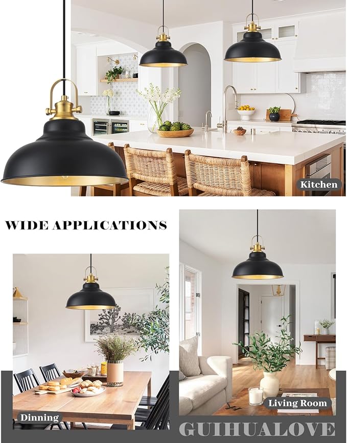 Black and Gold Pendant Light, 11.41 Inch Industrial Pendant Light Kitchen Island, Farmhouse Pendant Lights 2 Packs, Island Pendant Lights for Kitchen, Dining Room, Living Room