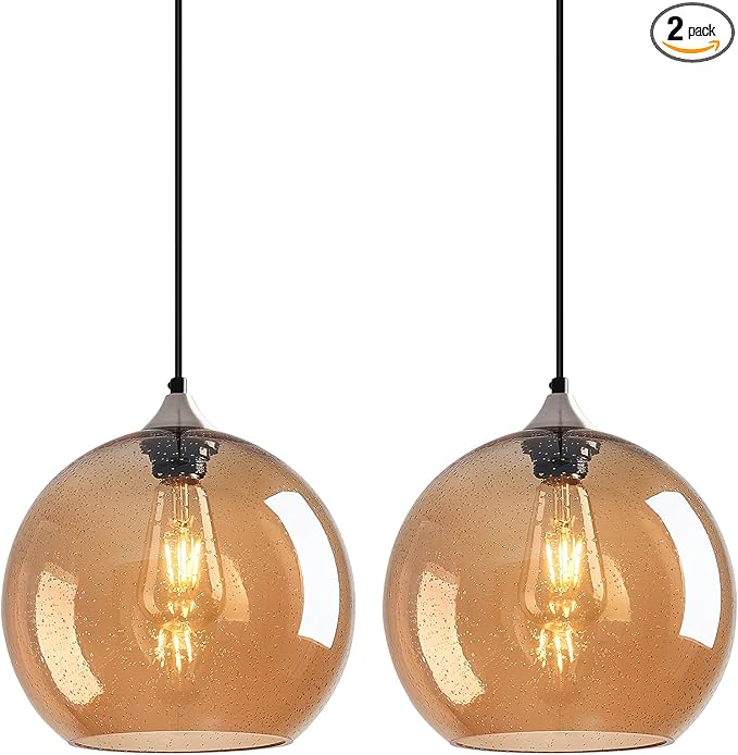 Amber Glass Pendant Lights Kitchen Island Globe Pendant Light Fixtures Modern Pendant Lighting for Bedroom Living Dining Room Light Fixture (9.84 in, 2 Pack)