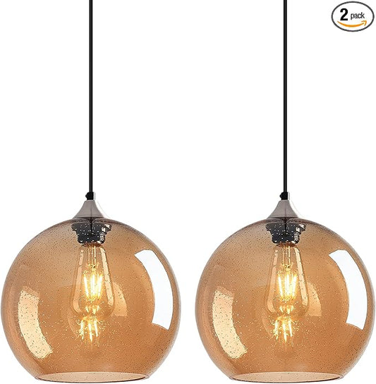 Amber Glass Pendant Lights Kitchen Island Globe Pendant Light Fixtures Modern Pendant Lighting for Bedroom Living Dining Room Light Fixture (9.84 in, 2 Pack)