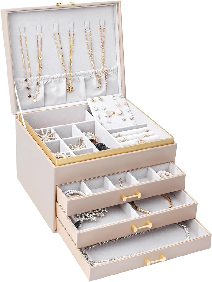 Jewelry Boxes for Women, Large Jewelry Storage Boxes, 4-Layer Leather Jewelry Organizer with 3 Drawers, Jewelry Display Case Gift for Women Girls, Apricot