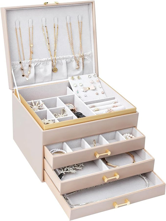 Jewelry Boxes for Women, Large Jewelry Storage Boxes, 4-Layer Leather Jewelry Organizer with 3 Drawers, Jewelry Display Case Gift for Women Girls, Apricot