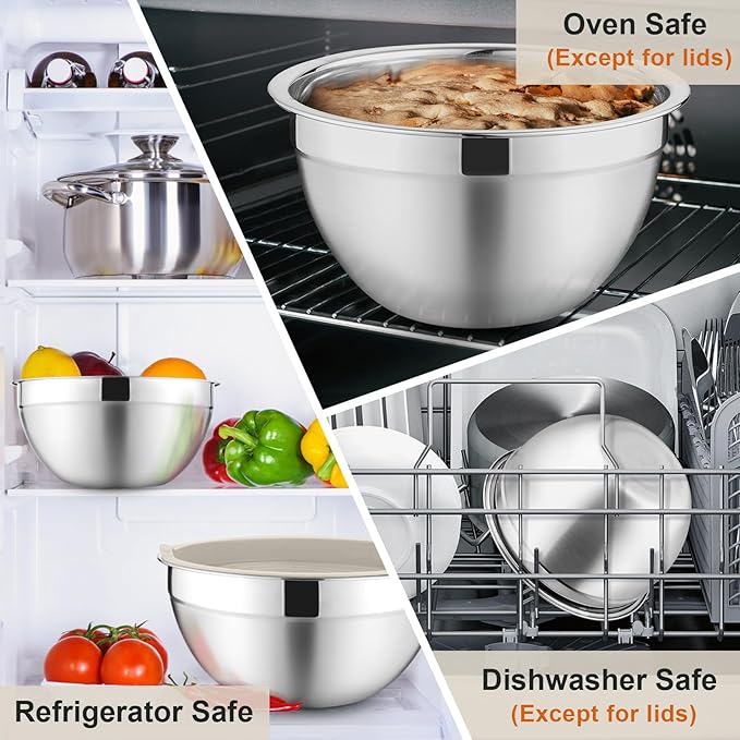 P&P CHEF Mixing Bowls with Lids Set of 6, Stainless Steel Nesting Salad Bowl & 3 Grater Attachments for Prepping Storing, 4.6/2.6/2/1.5/1/0.7 QT, Khaki