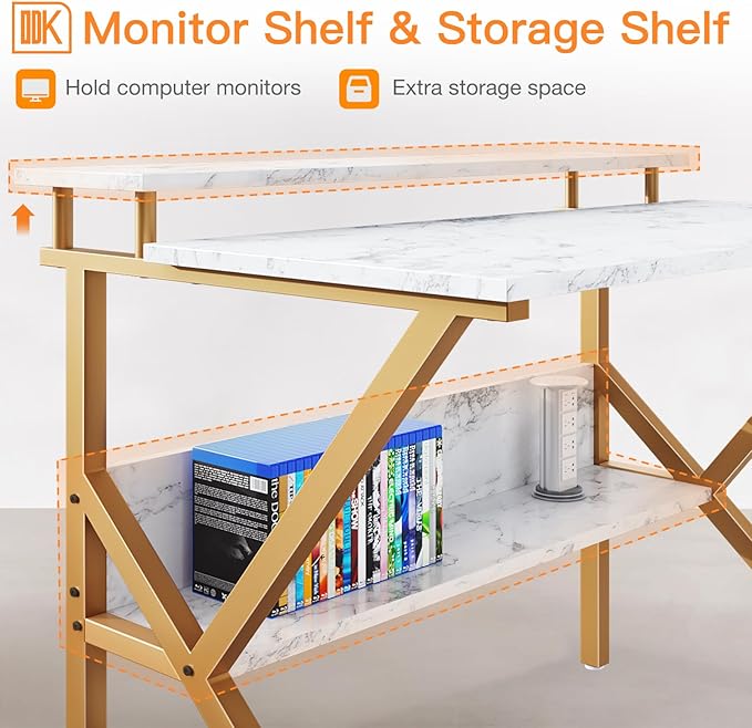 ODK Small Desk, 27.5 Inch Computer Desk for Small Spaces, Compact Desk with Storage, Tiny Study Table with Monitor Stand for Home Office, White Marble + Gold Leg
