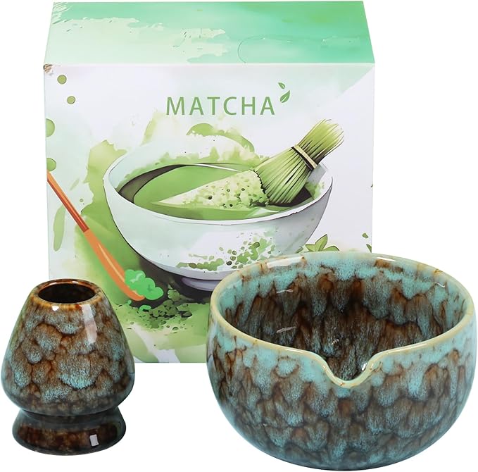 2Pcs Ceramic Matcha Bowl and Whisk Holder Set Easy to Use Tea Bowl and Whisk Stand Easy to Clean Matcha Tea Mixing Tool for Lover.(Kiln turns coffee,2PCS)