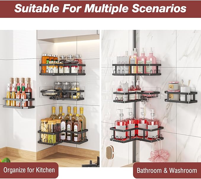 Adhesive Corner Shower Caddy with Soap Holder - Rustproof, No Drilling Shelves Wall Mounted, Organizer for Bathroom, Kitchen & Home Decor. Black, 4-Pack