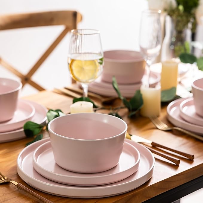 AmorArc Ceramic Dinnerware Sets for 4, Modern Flat Stoneware Plates and Bowls Sets,Chip and Crack Resistant | Dishwasher & Microwave Safe Dishes Set,Scratch Resistant- Service for 4 (12pc)-Matte Pink