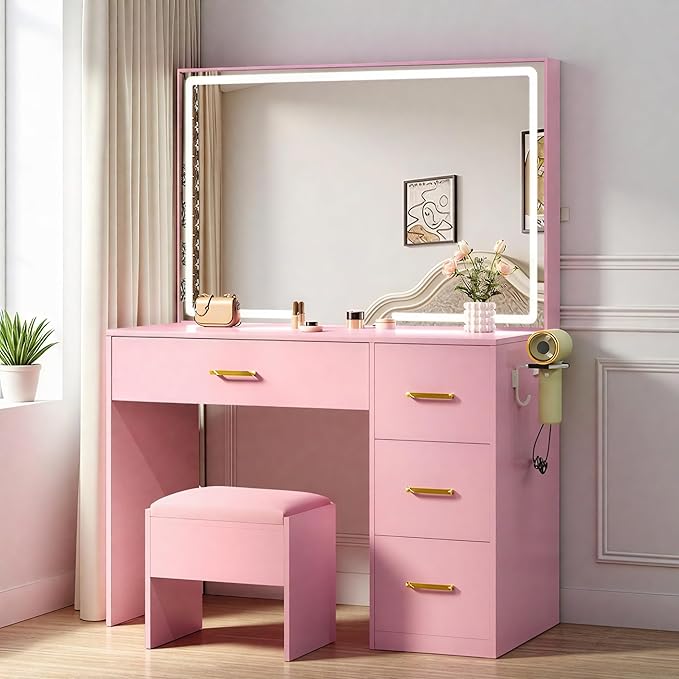 YITAHOME Pink Vanity Desk with LED Mirror: 35 inch Makeup Table with Charging Station, 4 Drawers and Stool, Adjustable Light Dressing Table for Women