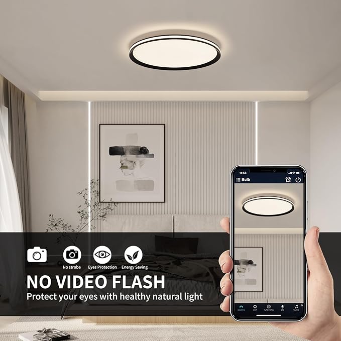 Dimmable Metal LED Ceiling Lights Fixtures,Slim, Edge Lit - 20" Full Spectrum Smart Round Ceiling Lamps,3000-6500K Modern Ultra Thin Low Profile Light Fixture for Bedroom & Living Room (Black,45W)