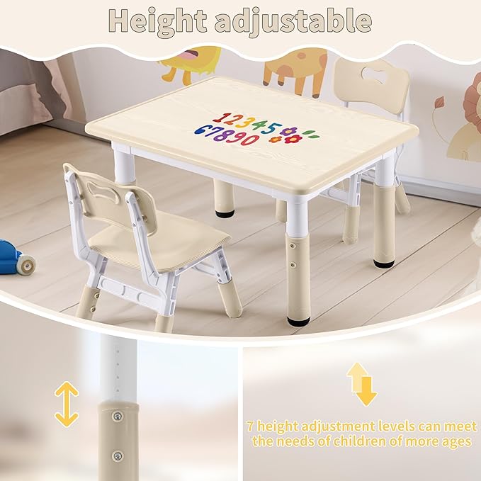 Adjustable Kids Table, Arts and Crafts Child Table with Graffiti Desktop, 7 Level Height Adjustable Children Table for Ages 3-8, Easy to Wipe Toddler Desk for Classrooms/Daycares/Homes