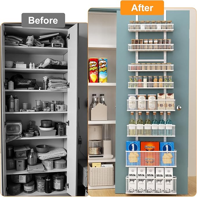 8-Tier Over The Door Pantry Organizer,Hanging Spice Rack,Over Door Adjustable Basket with Handle,Pantry Organization And Storage, Laundry Room,Bathroom,Large Capacity,D5.3xW15.7xH74.8 in