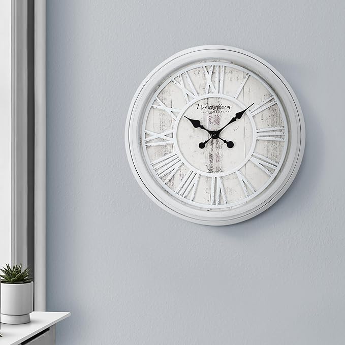 20 Inch Farmhouse Wall Clock, Vintage Wood Silent Non-Ticking, Battery Operated Retro Round Decorative Clock for Kitchen, Living Room, Bedroom,Office,Grey White