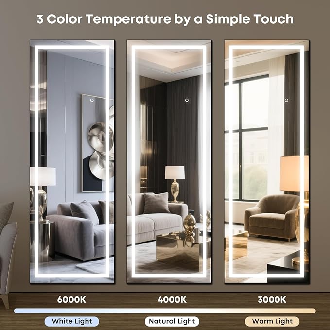 64" x 22" Full Length Tempered Glass LED Floor Mirror - Big Wall/Standing Mirror with Lights, Dimmable Touch Screen & Adjustable Color (White/Warm Light), Full Body Mirror for Bedroom, Dressing Room