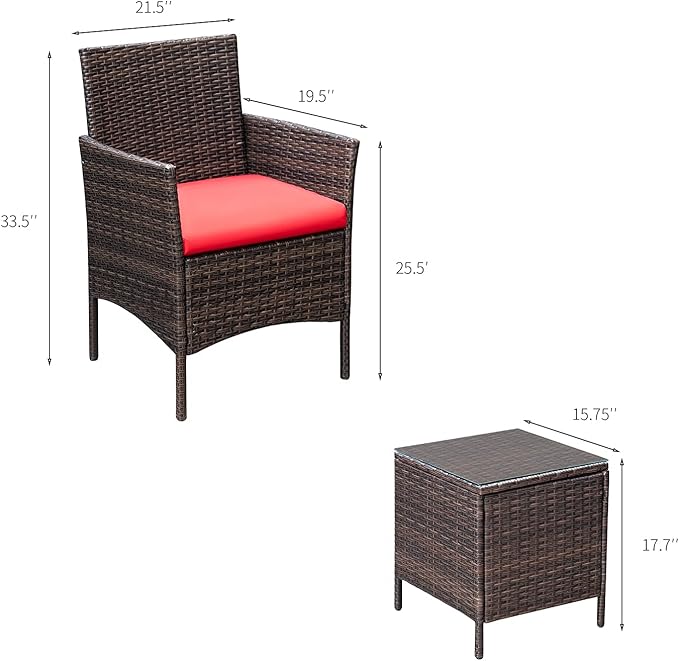 Greesum 3 Pieces Patio Furniture Sets Outdoor PE Rattan Wicker Chairs with Soft Cushion and Glass Coffee Table for Garden Backyard Porch Poolside, Brown and Red