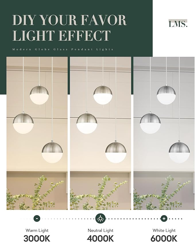 LMS Modern Brushed Nickel 3-Light Cluster Pendant Lights, Mid Century Pendant Lighting with White Globe Glass Shade, Adjustable Hanging Cord Ceiling Light for Home Office Dining Room, LMS-186BN3