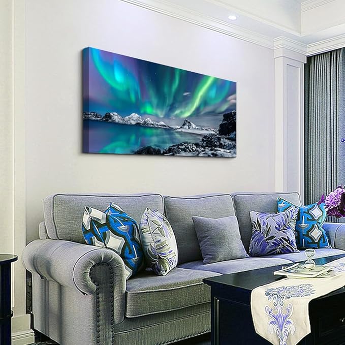 Wapluam Large Canvas Wall Art For Living Room Decorations For Bedroom Office Wall Decor Blue Aurora Scenery Painting On Stretched And Framed Wall Pictures Ready To Hang For Home Decor 24X48in