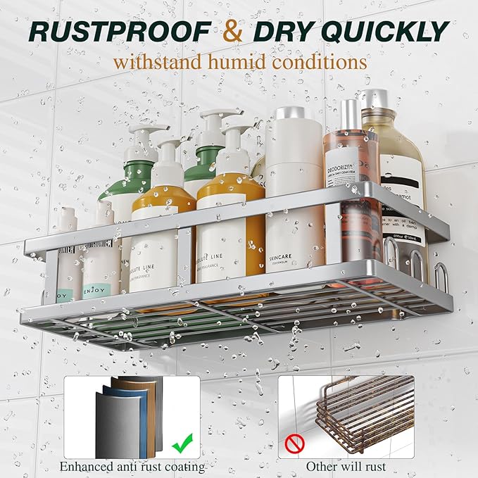 Shower Caddy Adhesive,No Drill Bathroom Organizer,Large Capacity Rustproof Shelves for Inside Shower,Bathroom Organizers and Storage,Silver