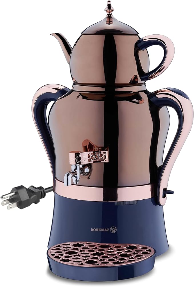 Korkmaz Hanedan A843-05 Stainless Steel Samovar, Upper Pot 1.3 L (43.9 Oz), Bottom Pot 3.5 L (118.3 Oz) Electric Turkish Tea Maker Set, Double Pots Tea Machine, Rosegold, 110 V US Plug, 5.1- Quart