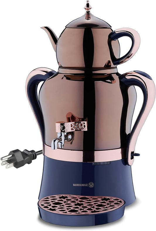 Korkmaz Hanedan A843-05 Stainless Steel Samovar, Upper Pot 1.3 L (43.9 Oz), Bottom Pot 3.5 L (118.3 Oz) Electric Turkish Tea Maker Set, Double Pots Tea Machine, Rosegold, 110 V US Plug, 5.1- Quart