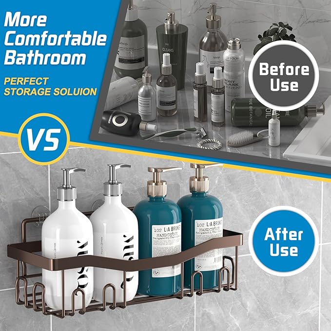 Adhesive Shower Caddy, No Drilling Bath Organizers 5 Pack, Rustproof Shelves with Soap Holder & Toothbrush Holder, Bathroom Organizers and Storage, Bronze