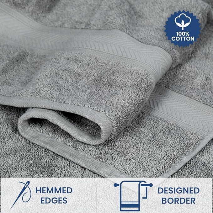 Casa Lino 100% Cotton Bath Towels Set of 4 (1 Bath Towel, 1 Hand Towel & 2 Wash Cloths) - Bathroom Towels and Washcloths Set - Complete Bathroom Set - Guest Room Essentials - (Silver Grey)