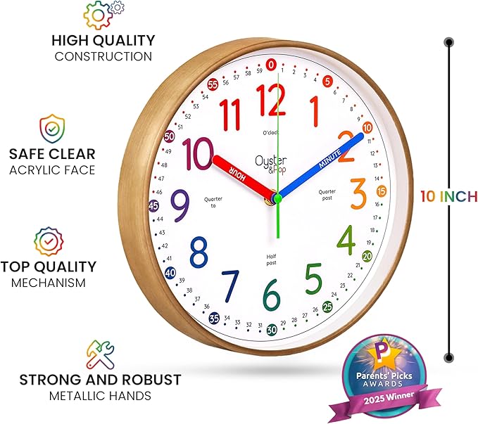 Oyster&Pop Kids Learning Wall Clock - Silent Non-Ticking Analog 10 Inch Teaching Clock for Classrooms & Bedrooms - Makes Telling Time Easy for Kids