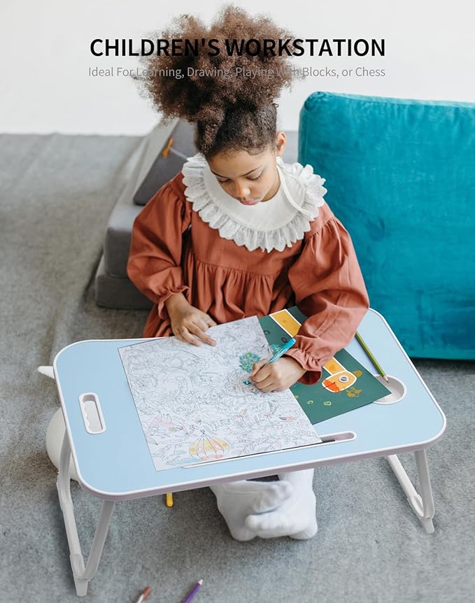 Laptop Bed Desk, Foldable Lap Table, Portable Study Table, Laptop Stand with Cup Holder & Tablet Slot & Lifting Handle for Working Writing Drawing & Eating - Baby Blue