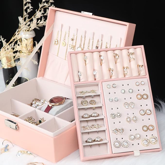Jewelry Box for Women Girls, 2 Layers Jewelry Organizer Container with Lock, PU Leather Storage Case with Removable Tray, Jewelry Display Box for Necklaces Earrings Bracelets Rings Watches (Pink)