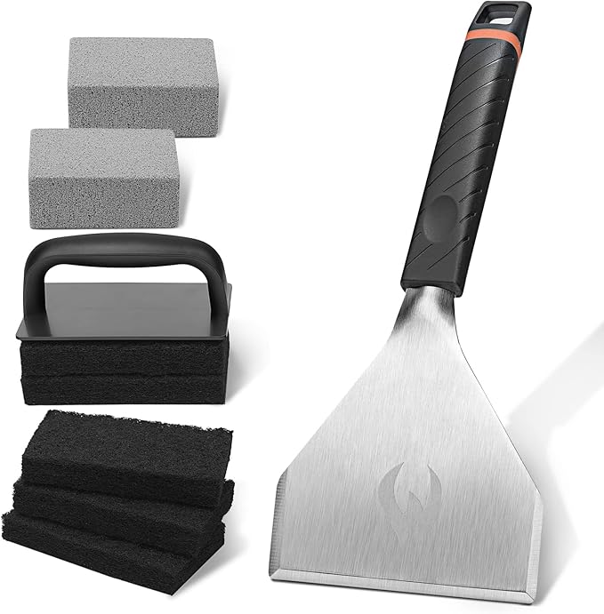 HOMENOTE Griddle Cleaning Kit for Blackstone, Professional Griddle Scraper Kit with Reinforced Heavy Duty Scraper, Bricks, Scouring Pads with Handle 9pcs