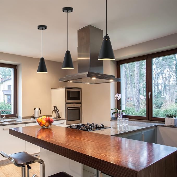 Dijiahua Black Pendant Lights 3 Pack for Kitchen Island,Small Modern Industrial Chandeliers with Cone Metal Shade,Mini Adjustable Cord Hanging Lighting Fixtures for Over Sink,Bar,Dining Room