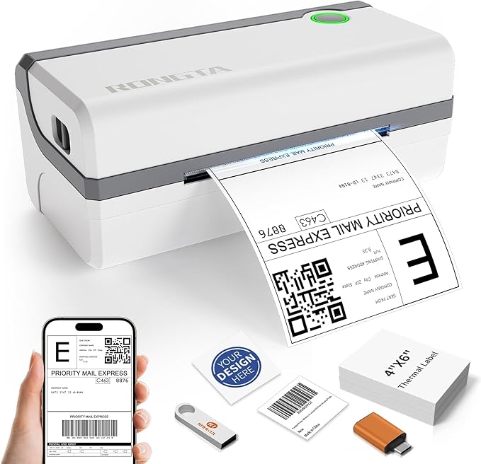 Rongta Bluetooth Thermal Shipping Label Printer, Wireless 4x6 Label Printer for Shipping Packages, Support Android, iPhone, Widely Used for Amazon, Ebay, Shopify, Etsy, USPS (Bluetooth+USB)