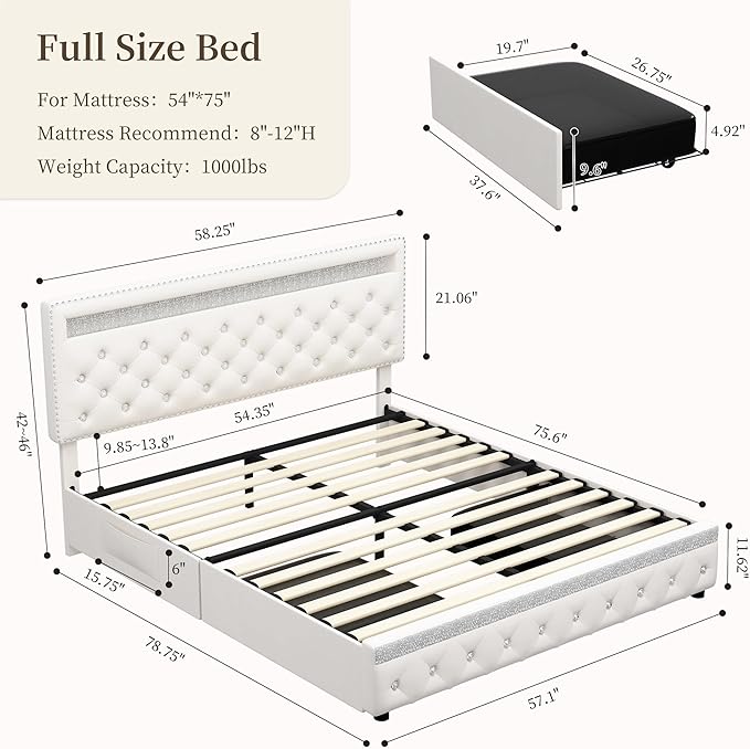 Full Led Bed Frame with 2 Drawers, Heavy Duty Sturdy Platform Bed Frames Full Size with Storage and Adjustable Crystal Button Tufted Headboard, Easy Assembly, No Box Spring Needed, Velvet Cream