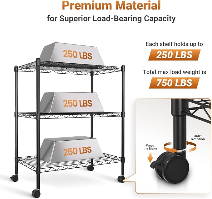 HealSmart 3-Tier Heavy Duty Storage Shelves 750Lb Capacity, 24.02" D x 13.78" W x 31.98" H Shelving Unit for Pantry, Garage, Laundry and Kitchen, Black